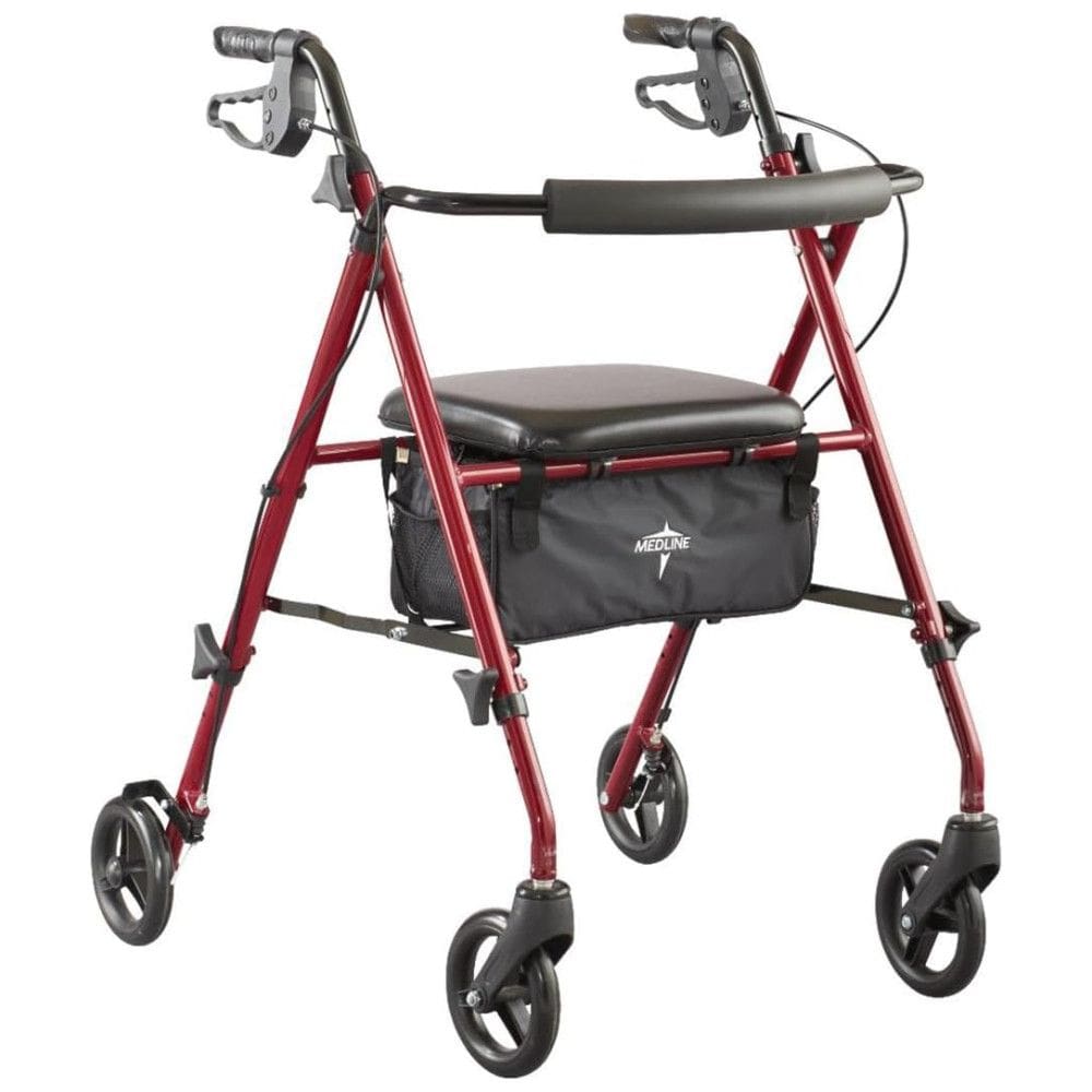 Andador Rollator Alumínio Ultraleve Medline, Vermelho, Suporta até 113 kg, Rodas 15 cm, Braços e Assento Ajustáveis, Dobrável.