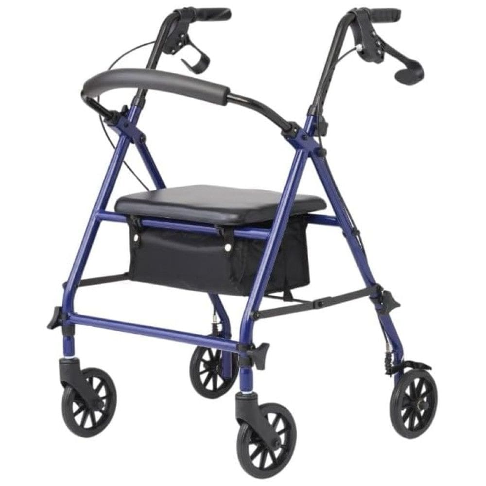 Andador Rollator 4 Rodas para Idosos Azul Dr. Dunley - Suporte 159kg, Assento Acolchoado, Bolsa, Freios Manuais e Design Ergonômico