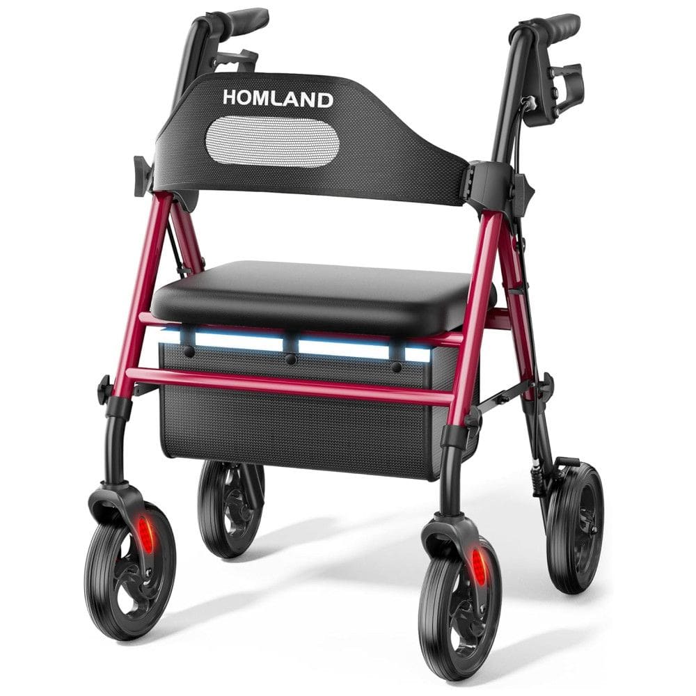 Andador Dobrável para Idoso, com Assento, Rodas Grandes de 20 cm para Todos os Terrenos, Altura Ajustável e Suporta até 158 kg, HOMLAND