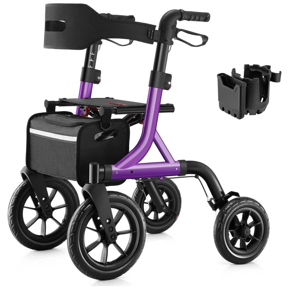 Andador Dobrável para Idosos com Assento, Ajuste de Altura e Rodas Grandes, MAXWALK, Roxo