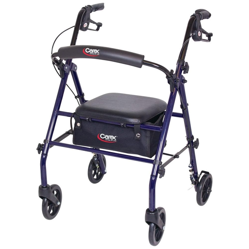 Andador Dobrável de Aço com Assento e Rodas Suporta até 158,73 Kg, Carex, Azul Escuro