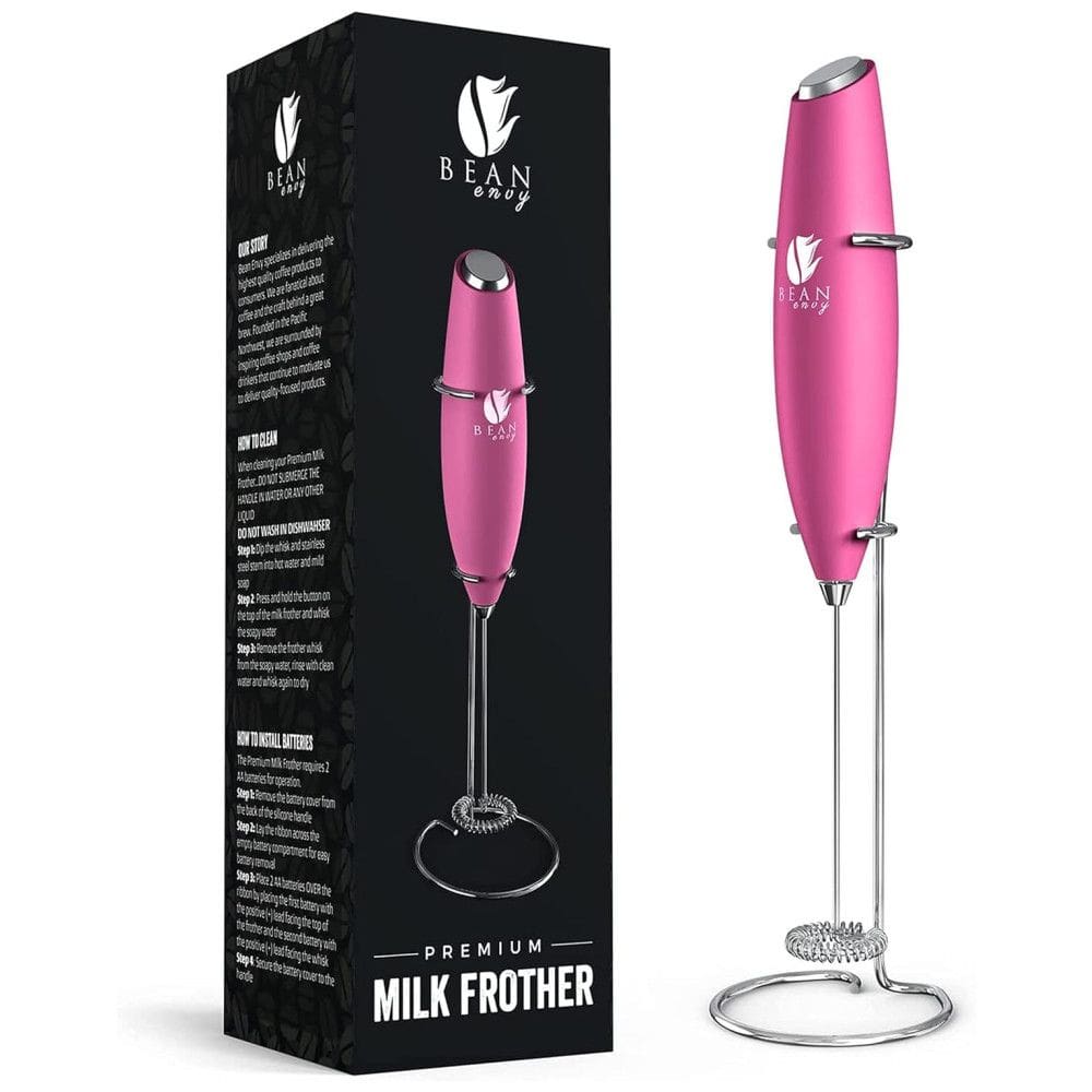 Bean Envy Espumador Elétrico de Leite em Aço Inoxidável a Bateria com Suporte, Rosa Escuro