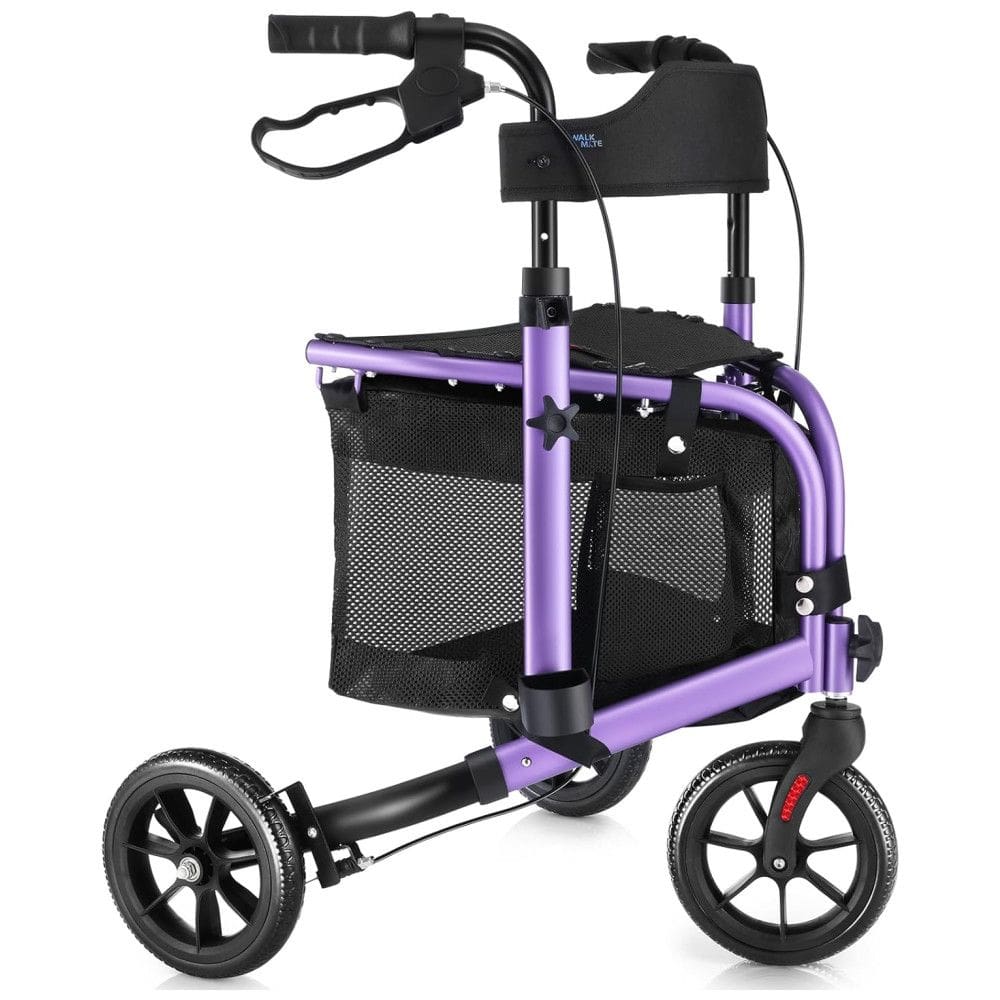 Andador Dobrável de 3 Rodas com Assento Acolchoado Ideal para Idosos, WALK MATE, Roxo