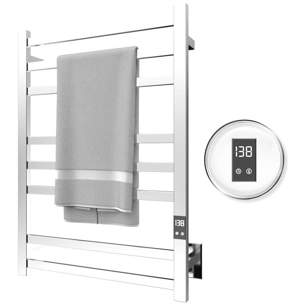 Aquecedor de Toalhas 8 barras, Aquecimento Rápido, Timer com Desligamento Automático, Painel LED, Aço Inox 304 Polido