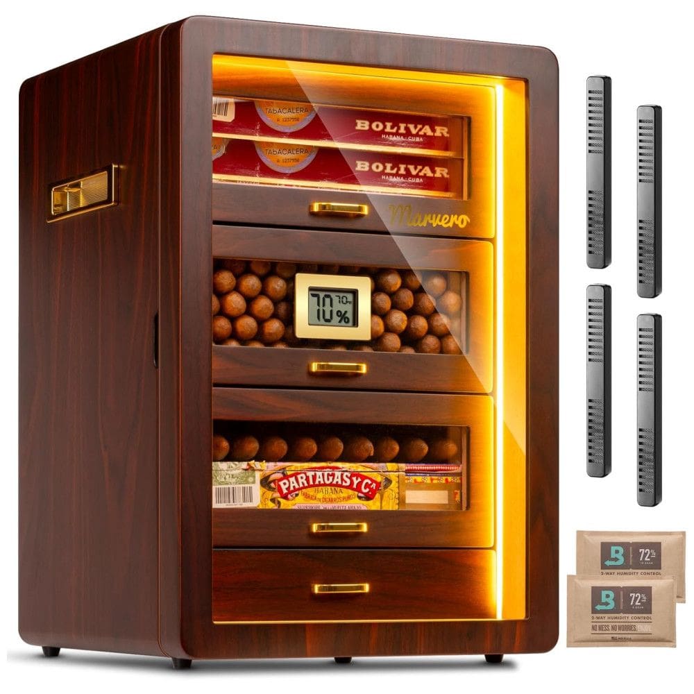 Umidor de Charutos de Mesa, com 3 lados Iluminados, Higrômetro Digital, Umidificador e Packs de Umidade. 4 Gavetas de Cedro.Marvero