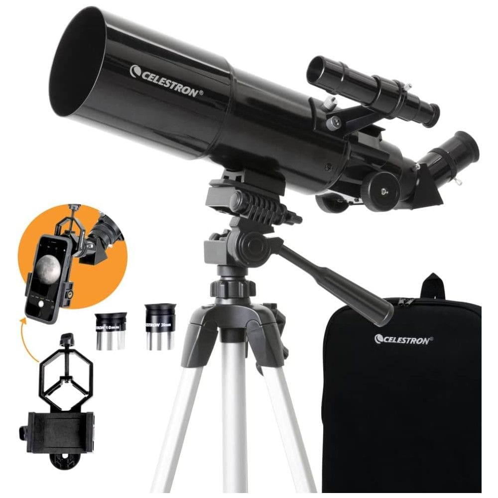 Telescópio Refrator Portátil Celestron 80mm: Ideal para Iniciantes. Óptica de Vidro Totalmente Revestida, Adaptador de Celular para