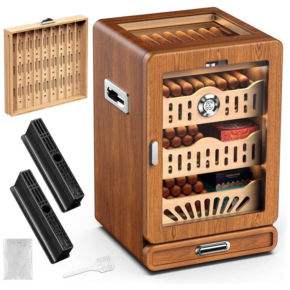 Umidor de Charutos de Mesa, com Tampa de Vidro, 4 Prateleiras de Cedro Espanhol, 2 Umidificadores, 1 Higrômetro Digital.LIHTUN