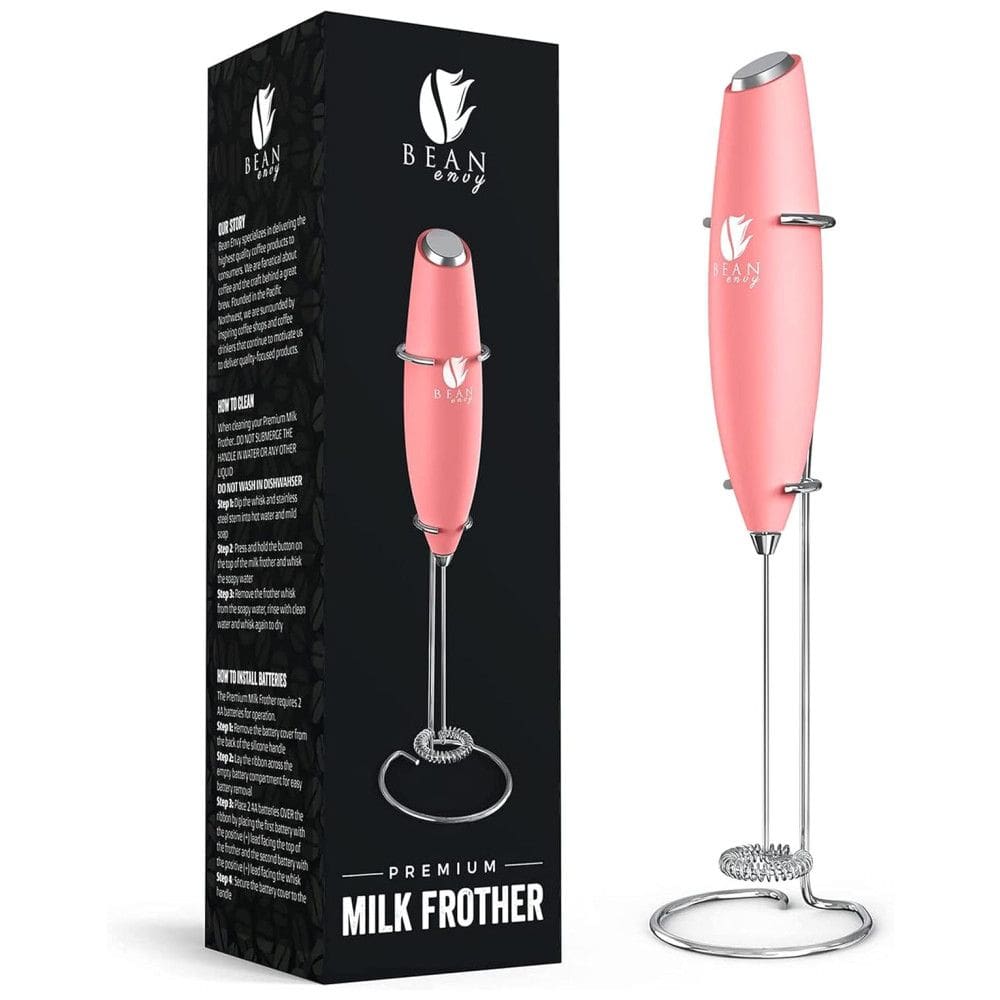 Espumador Elétrico de Leite em Aço Inoxidável a Bateria com Suporte, BEAN ENVY, Rosa