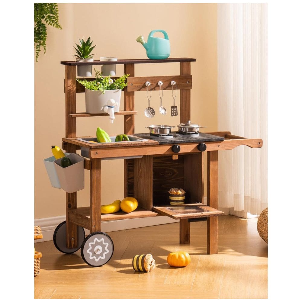Cozinha Educativa de Brincar de Madeira com Rodas para Crianças ao Ar Livre, com Pia Removível - Ideal para Diversão na Terra ou em Casa