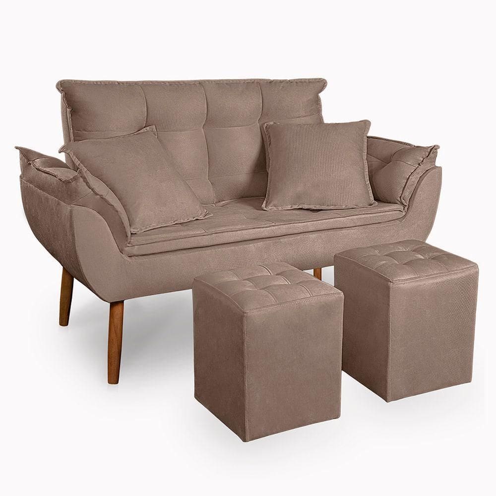Kit Poltrona Decorativa Namoradeira 2 Puffs Quadrado E 2 Almofadas Suede Cappuccino - Lm Decor