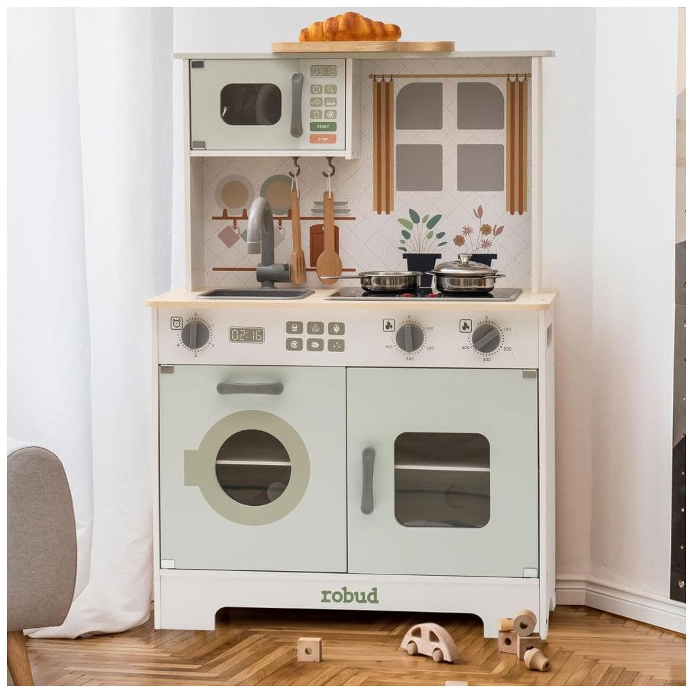 Conjunto de Cozinha Educativa de Madeira ROBUD com Luzes e Sons, Panelas e Utensílios - Presente de Cozinha para Crianças