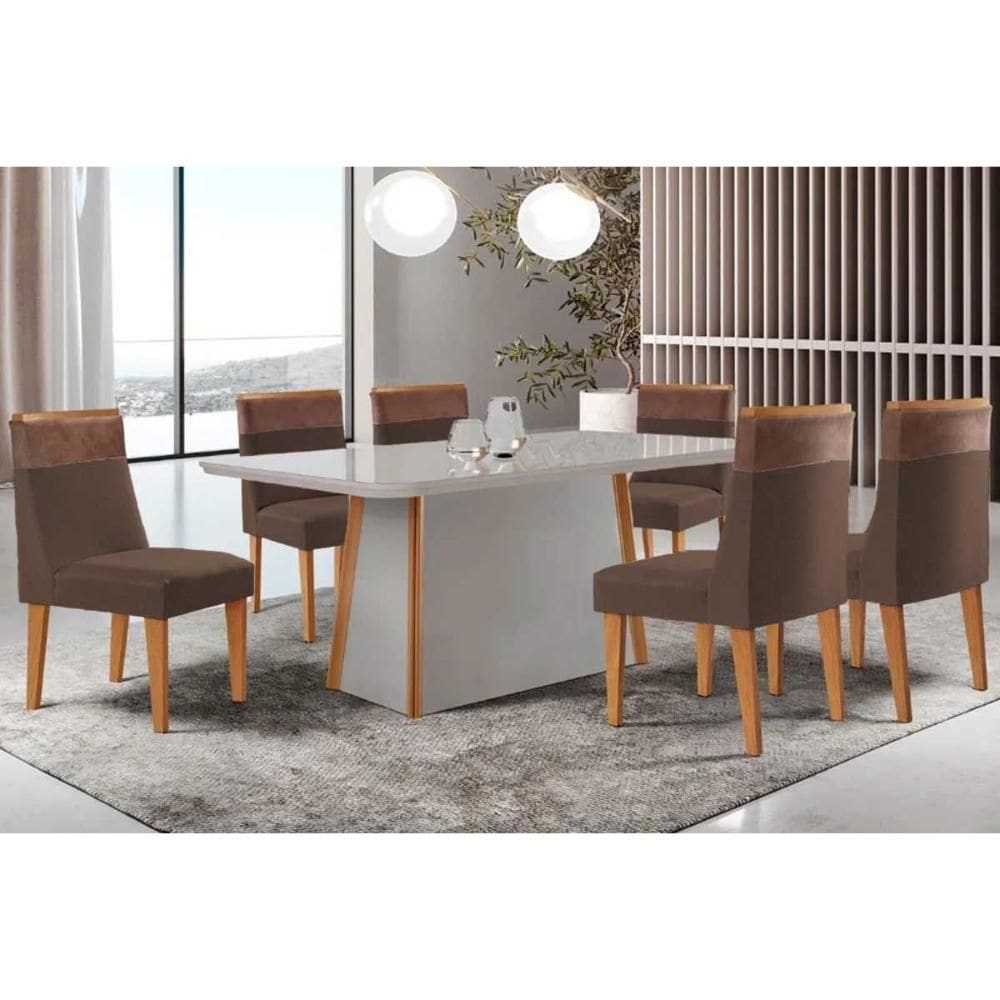 Conjunto Sala de Jantar Tilia c/ Tampo Madeirado c/ Vidro Canto Curvo 180x90cm e 6 Cadeiras Jaspe Madeira Maciça Naturale/Off White - Capuccino/Suede