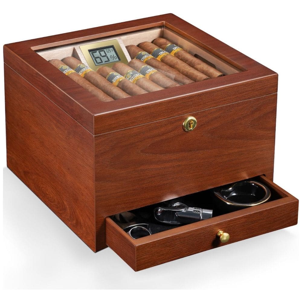 Umidor Flauno com fechamento seguro, ventilação eficiente, capacidade para 70 charutos, cedro espanhol, higrômetro digital e gaveta.
