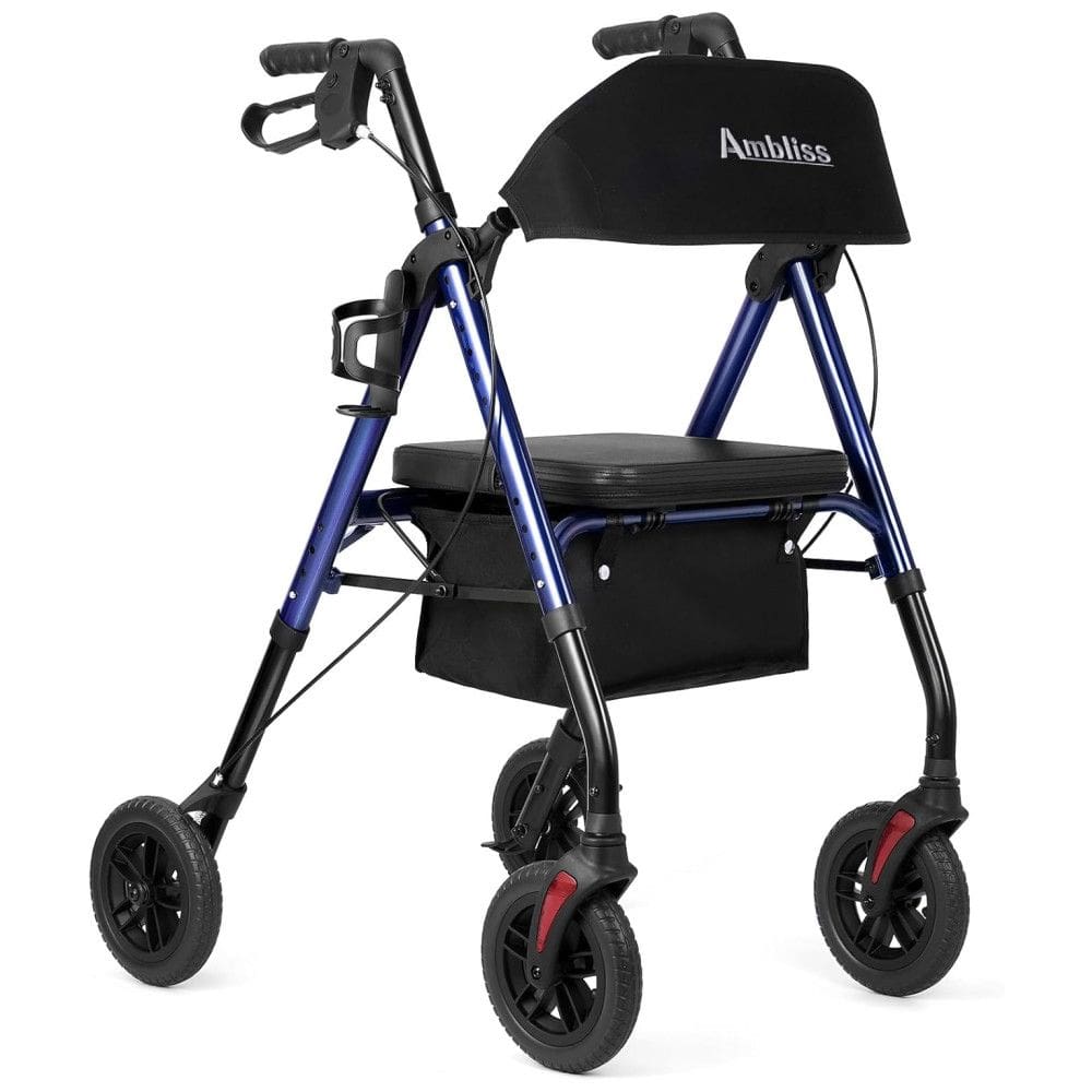 Andador Rollator Ambliss com Assento para Idosos, Rodas de 20cm, Suporta até 136kg, Cesto e Encosto Largos, Altura Ajustável