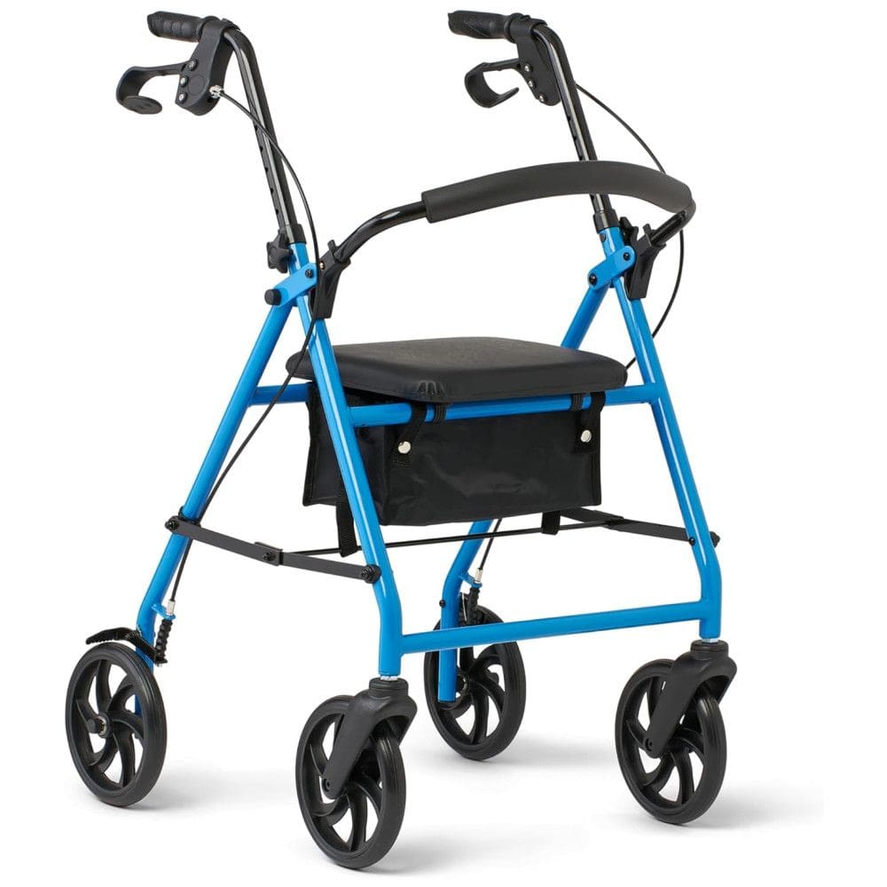 Andador Rollator de Aço para Adultos Medline, Azul Claro, 136 kg, 8 Rodas, Dobrável, Alças Ajustáveis, Ideal para Idosos