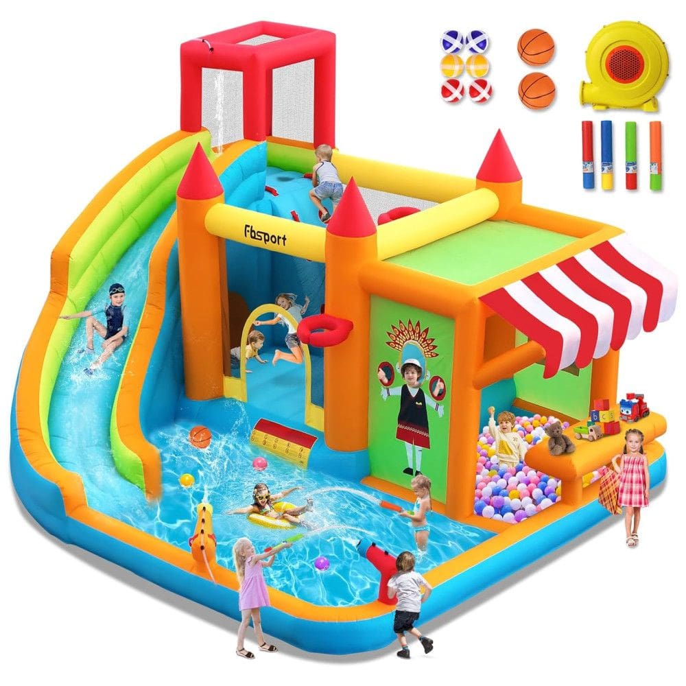 Parque Aquático Inflável com Tobogã Aquático FBSPORT, Diversão Garantida para Crianças com Quiosque de Brinquedos, Piscina de Respingos.
