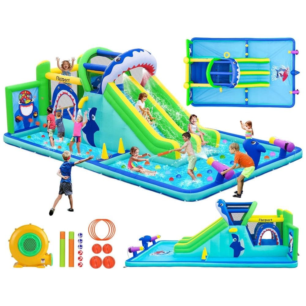 Parque Aquático Inflável com Tobogã e Parque Aquático da FBSPORT: Castelo com Duplo Tobogã, Parede de Escalada, Área de Pulo