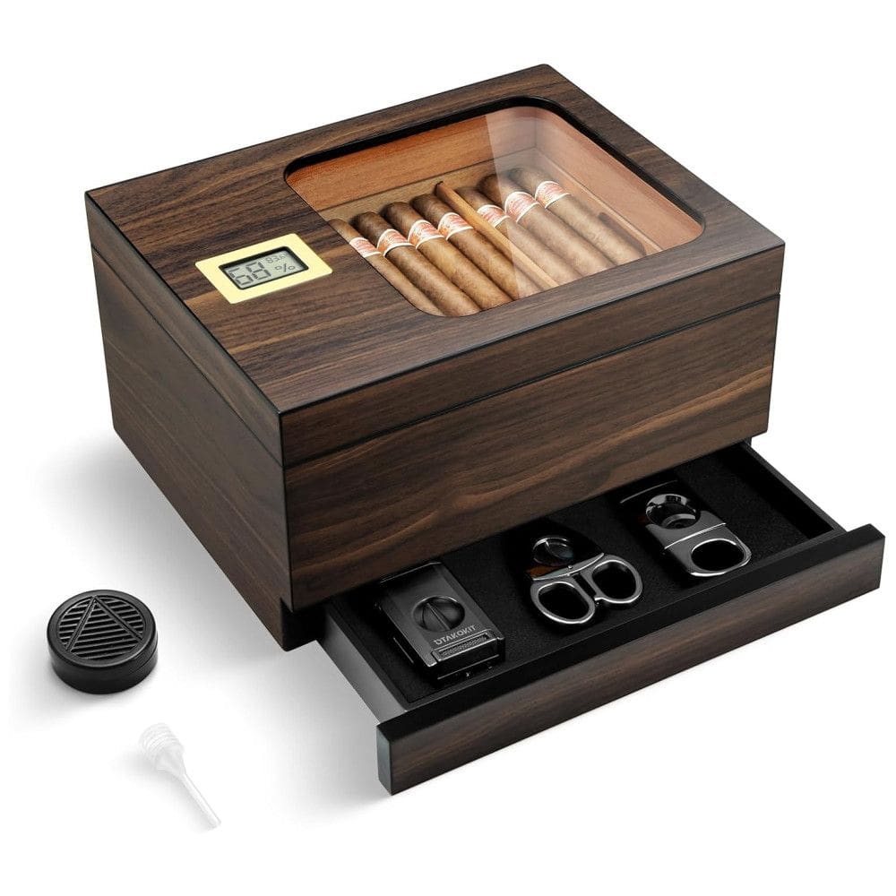 Umidor de Charutos OTAKOKIT com Tampo de Vidro, Gaveta, Higrômetro, Bandeja e Divisor de Cedro, para 30-55 Charutos