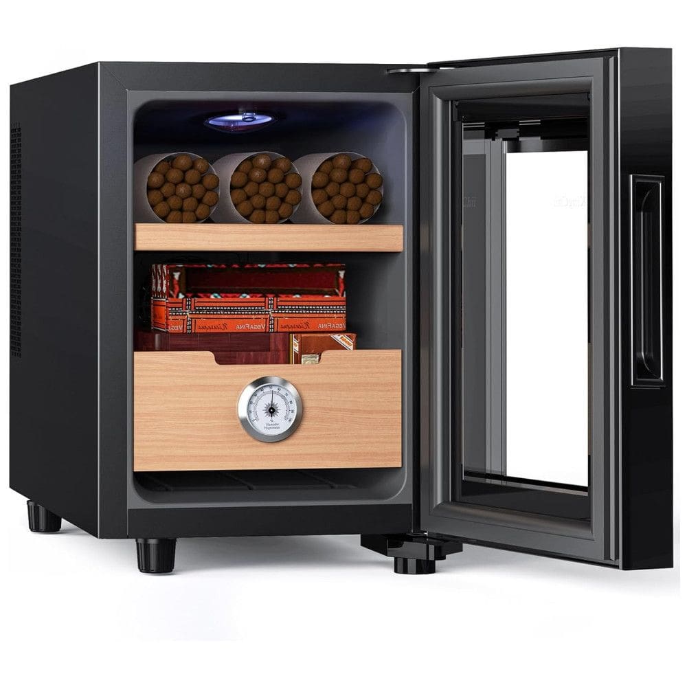 Umidor Elétrico KingChii 16 Litros, com Controle de Temperatura, Prateleiras de Cedro Espanhol e Gaveta Higrômetro - Presente Ideal para