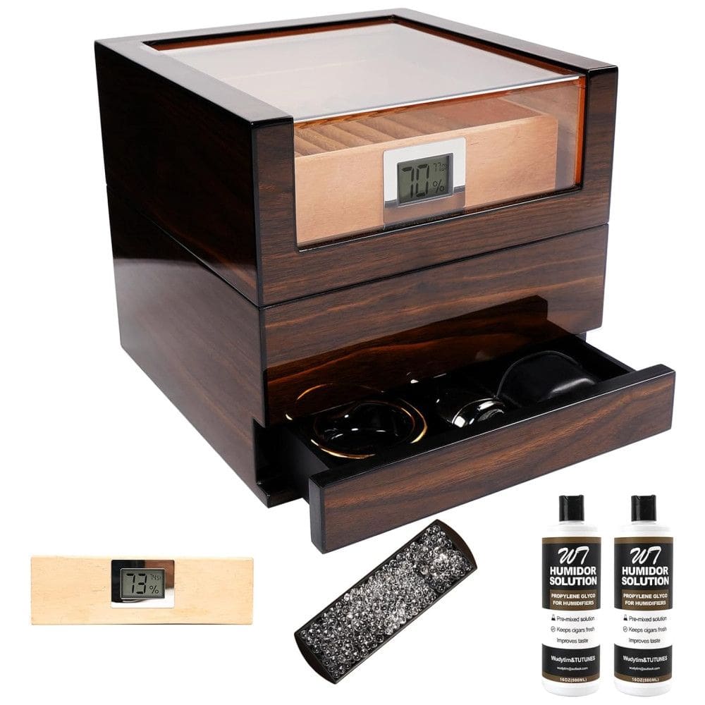 Umidor de Charutos TUTUNES: Caixa Artesanal de Cedro Espanhol com Umidificação Fácil e Higrômetro Digital - Brilhante