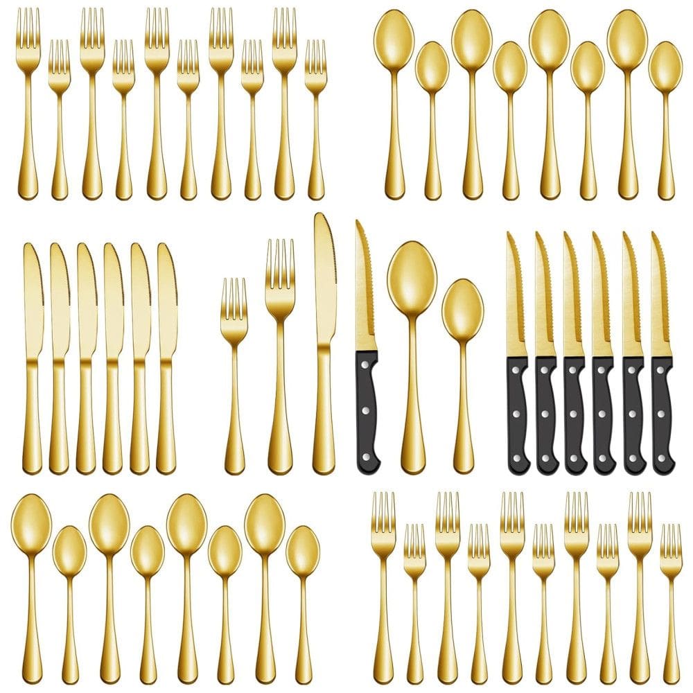 Conjunto de Talheres de Ouro de 24 Peças com Facas de Churrasco, em Aço Inoxidável - Serviço para 4 Pessoas,MUTNITT,