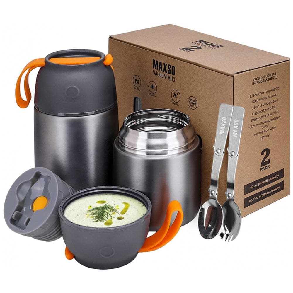 Kit com 2 Frasco Térmico 500mL, 700mL em Aço Inoxidável com Colher, MAXSO, Cinza