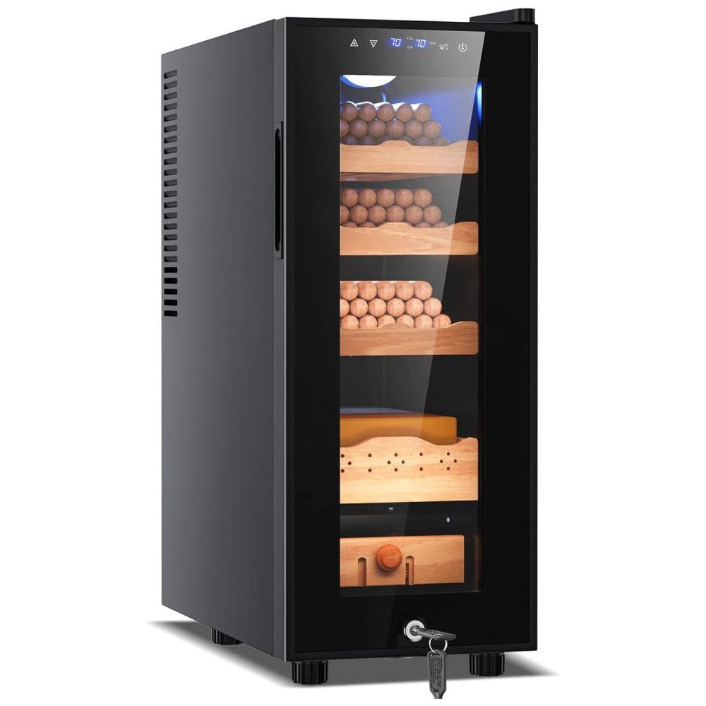 Umidor Elétrico Tylza 35L: Controle Preciso de Umidade e Temperatura, Armário com Cedro Espanhol e Trava de Segurança, Refrigerador 35