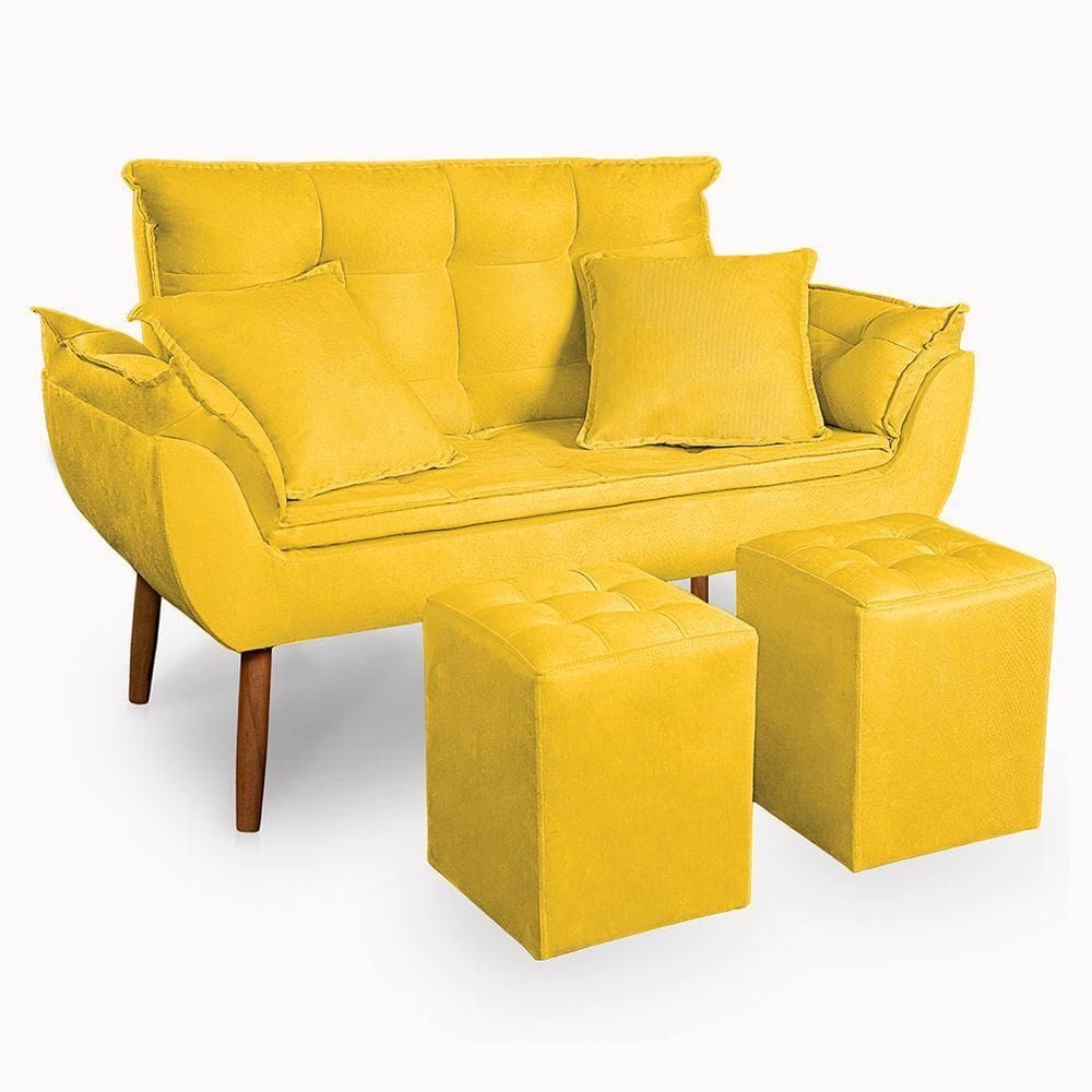 Kit Poltrona Decorativa Namoradeira 2 Puffs Quadrado E 2 Almofadas Suede Amarelo - Lm Decor