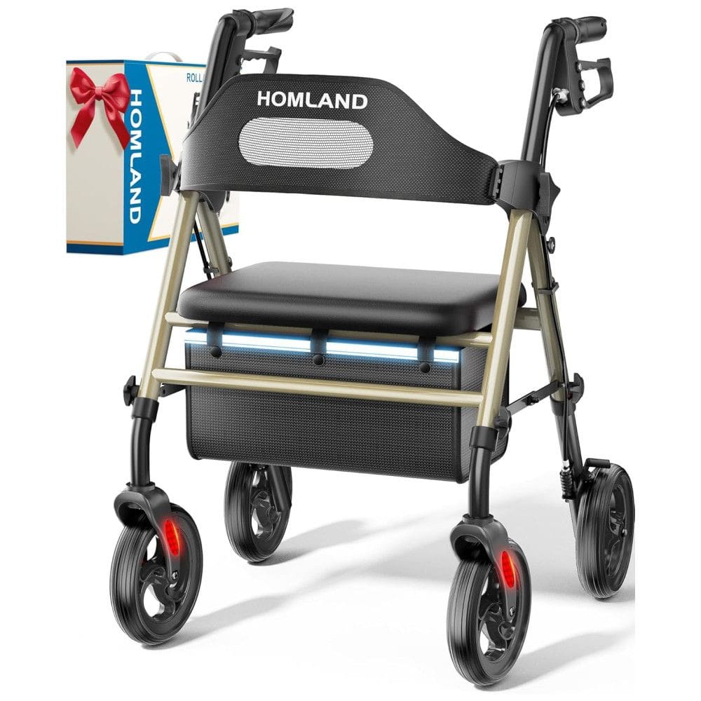 Andador Rollator Dobrável com Assento para Idosos, Rodas Grandes de 20,32 cm, Suporta até 159 Kg, Altura Ajustável - Andador