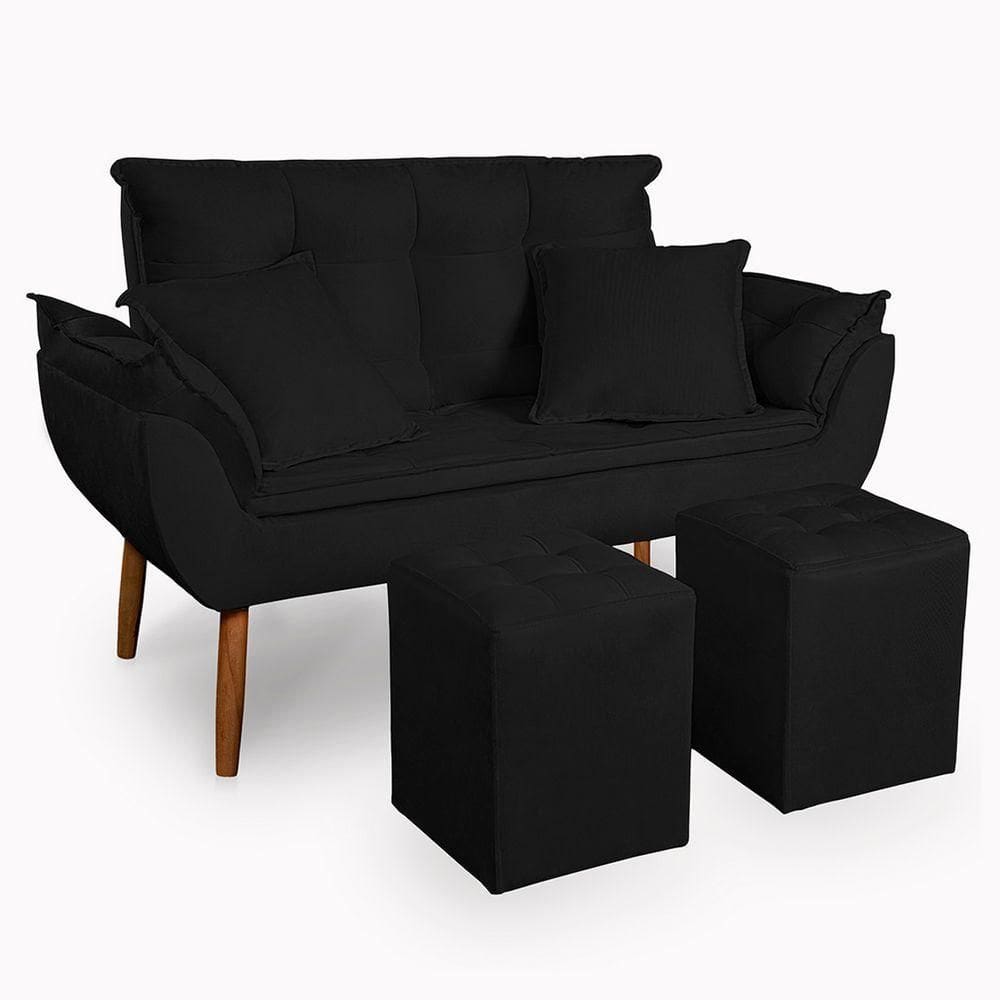 Kit Poltrona Decorativa Namoradeira 2 Puffs Quadrado E 2 Almofadas Suede Preto - Lm Decor