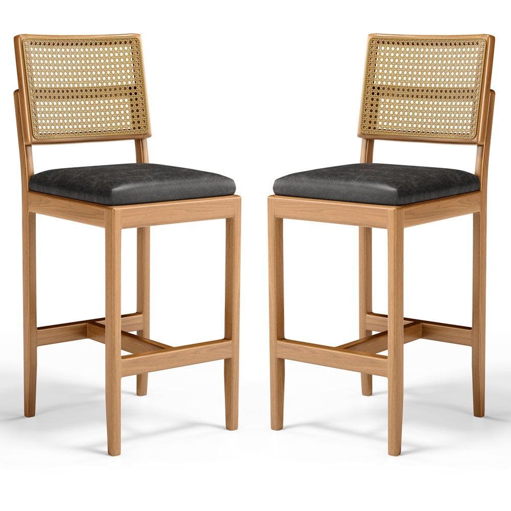 Kit Com 2 Banqueta Milena Madeira Maciça Assento Estofado Encosto De Tela Palha Sextavada