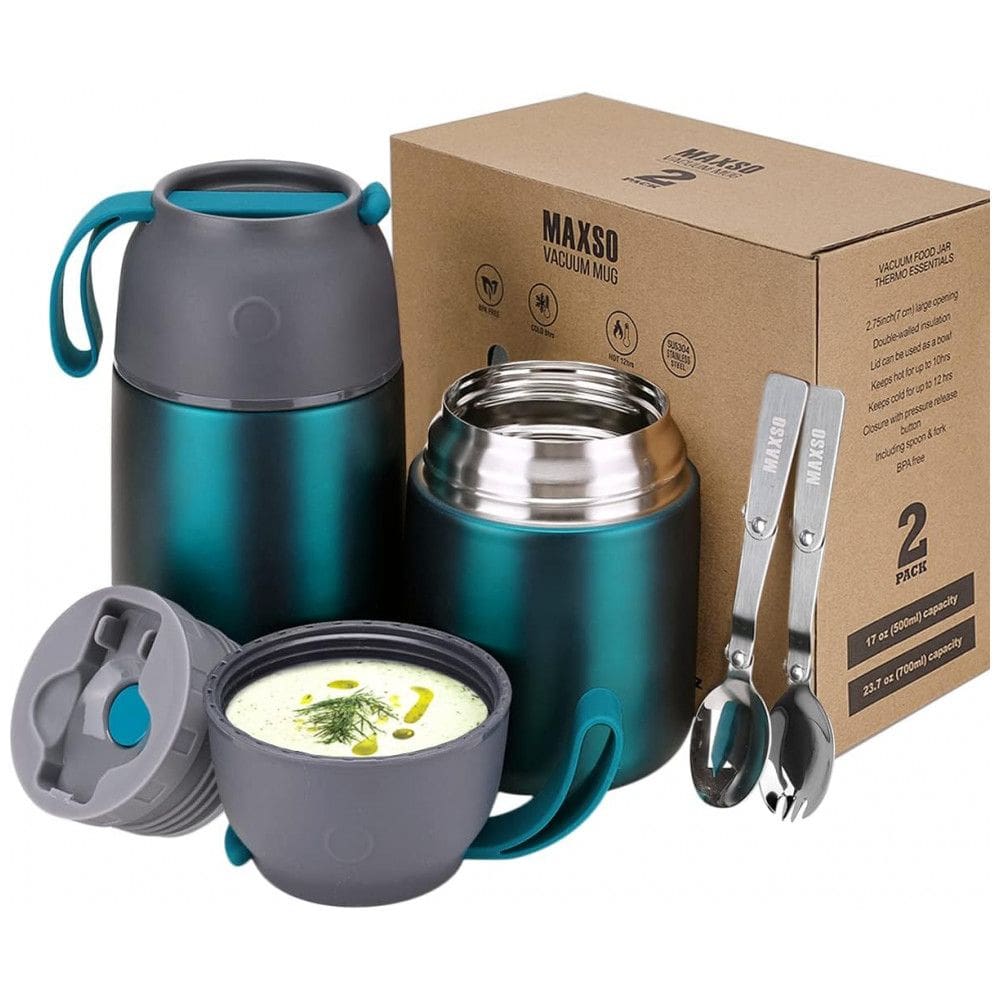 Kit com 2 asco Térmico 500mL, 700mL em Aço Inoxidável com Colher, MAXSO fr mGarlic 24h 1726, Verde