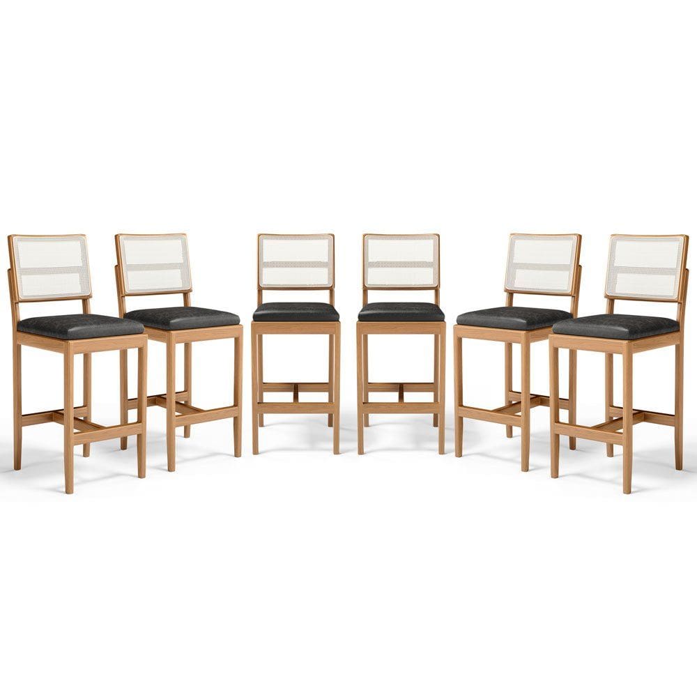 Kit Com 6 Banquetas Milena Madeira Maciça Assento Estofado Encosto De Tela Sintética