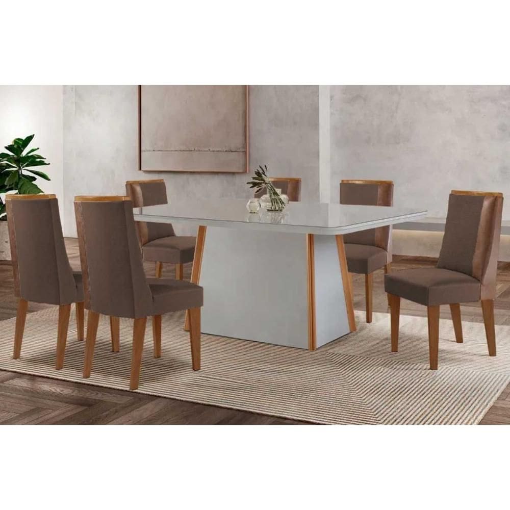 Conjunto Sala de Jantar Tilia c/ Tampo Madeirado c/ Vidro Canto Curvo 180x90cm e 6 Cadeiras Tilia Madeira Maciça Naturale/Off White - Capuccino/Suede