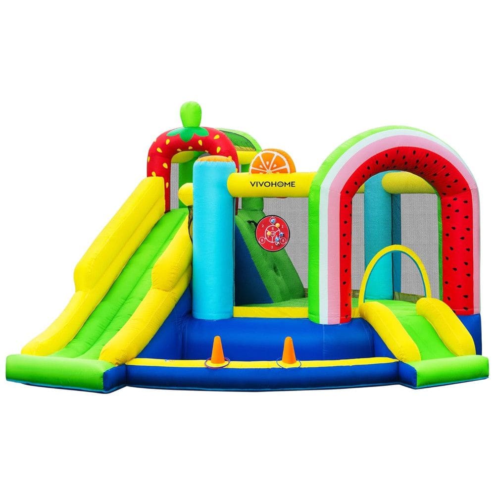 Parque Aquático Inflável de Frutas VIVOHOME 7 em 1 com Escorregador e Basquete, 3,65x3,65m, Ideal para Diversão ao Ar Livre
