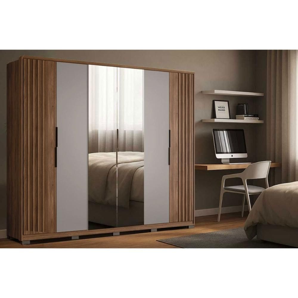 Guarda Roupa Casal 6 Portas (2 Ripadas e 2 c/ Espelho) e 6 Gavetas c/ Pés Atrice Nogueira Touch/Nude Prime - Demóbile