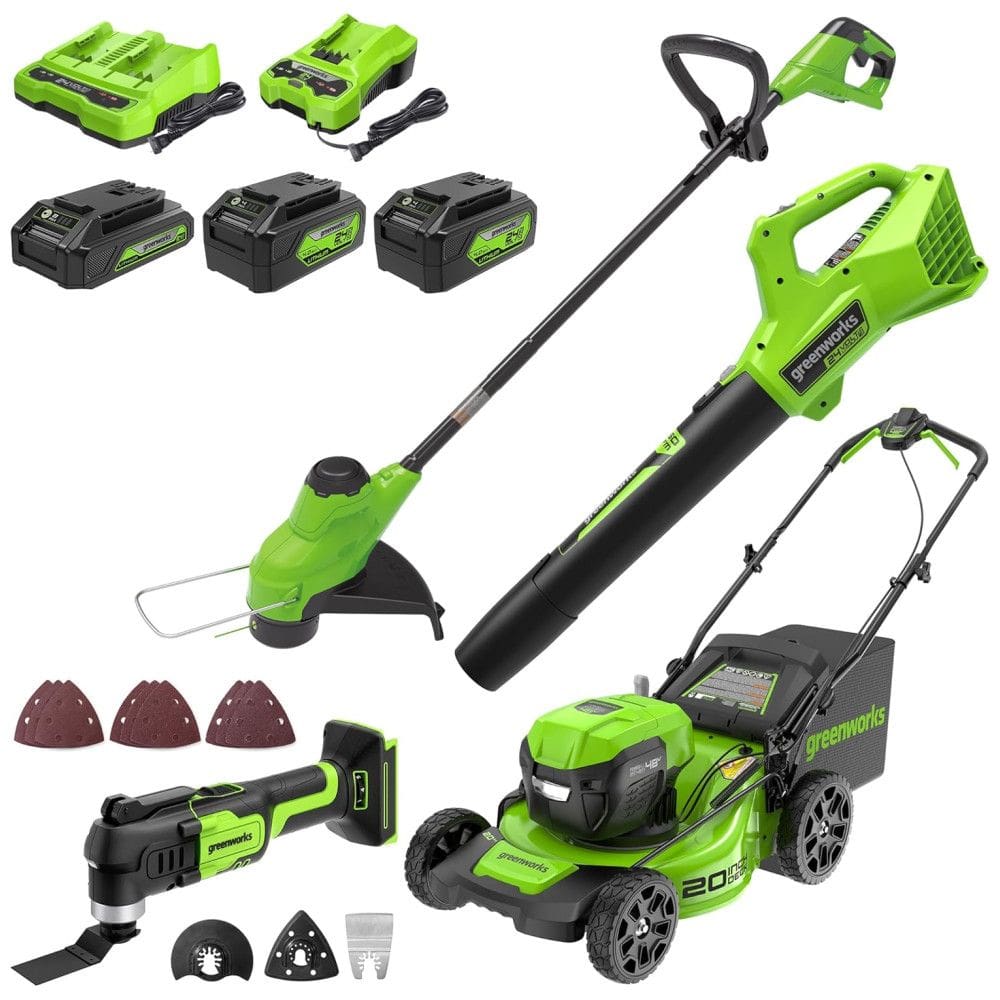 Kit Sem Fio Greenworks 48V: Cortador de Grama , Aparador de Grama , Soprador de Folhas 320 CFM e Multi Ferramenta 24V