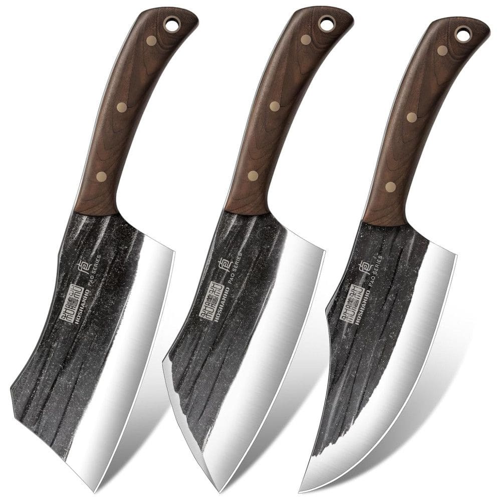 Kit de Facas para Açougueiro HOSHANHO, 3 Peças em Aço de Carbono Premium para Cortes de Carne, Cleaver e Facas Viking para Churrasco,