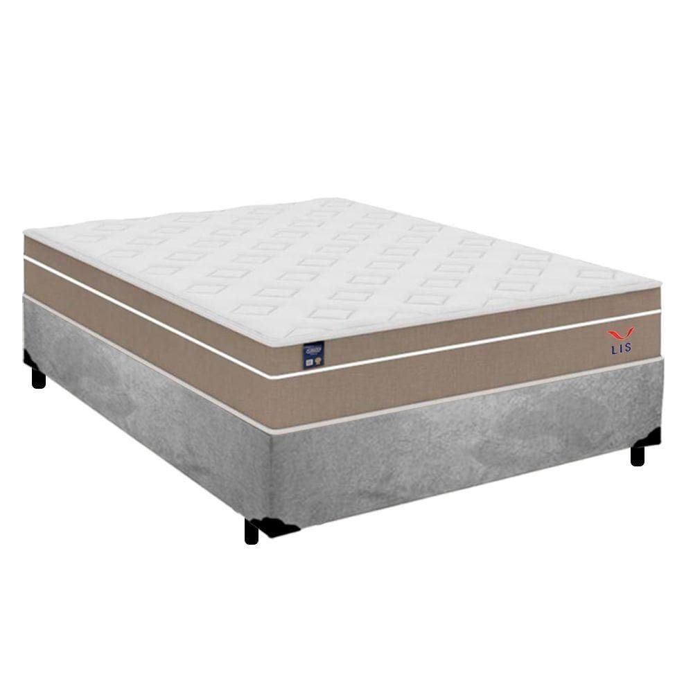 Cama Box Casal Suede + Colchão Lis Molas Ensacadas Plumatex 138cm ? Suporta Até 120 Kg Por Pessoa Cinza