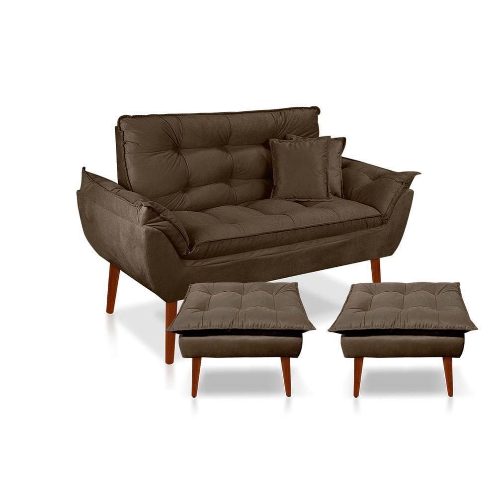Kit Poltrona Decorativa Namoradeira 2 Puffs Opala E 2 Almofadas Suede Marrom - Lm Decor