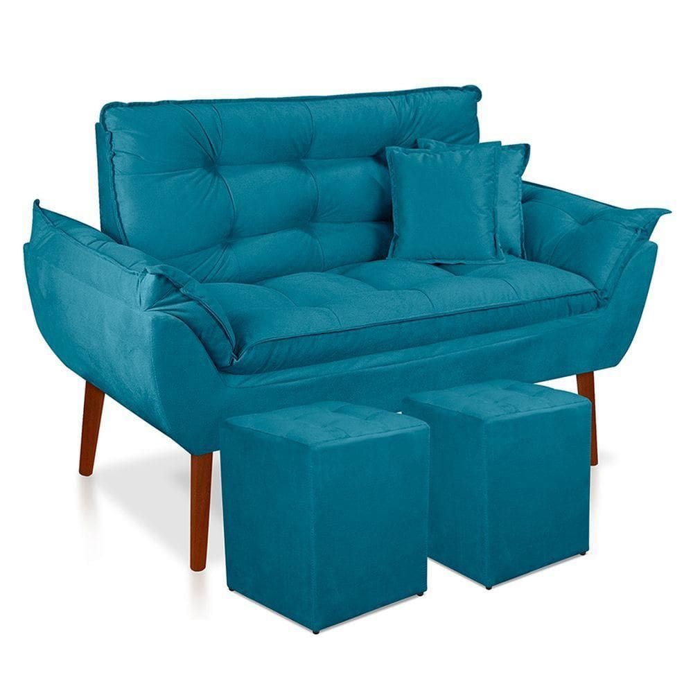Kit Poltrona Decorativa Namoradeira 2 Puffs Quadrado E 2 Almofadas Suede Azul Claro - Lm Decor