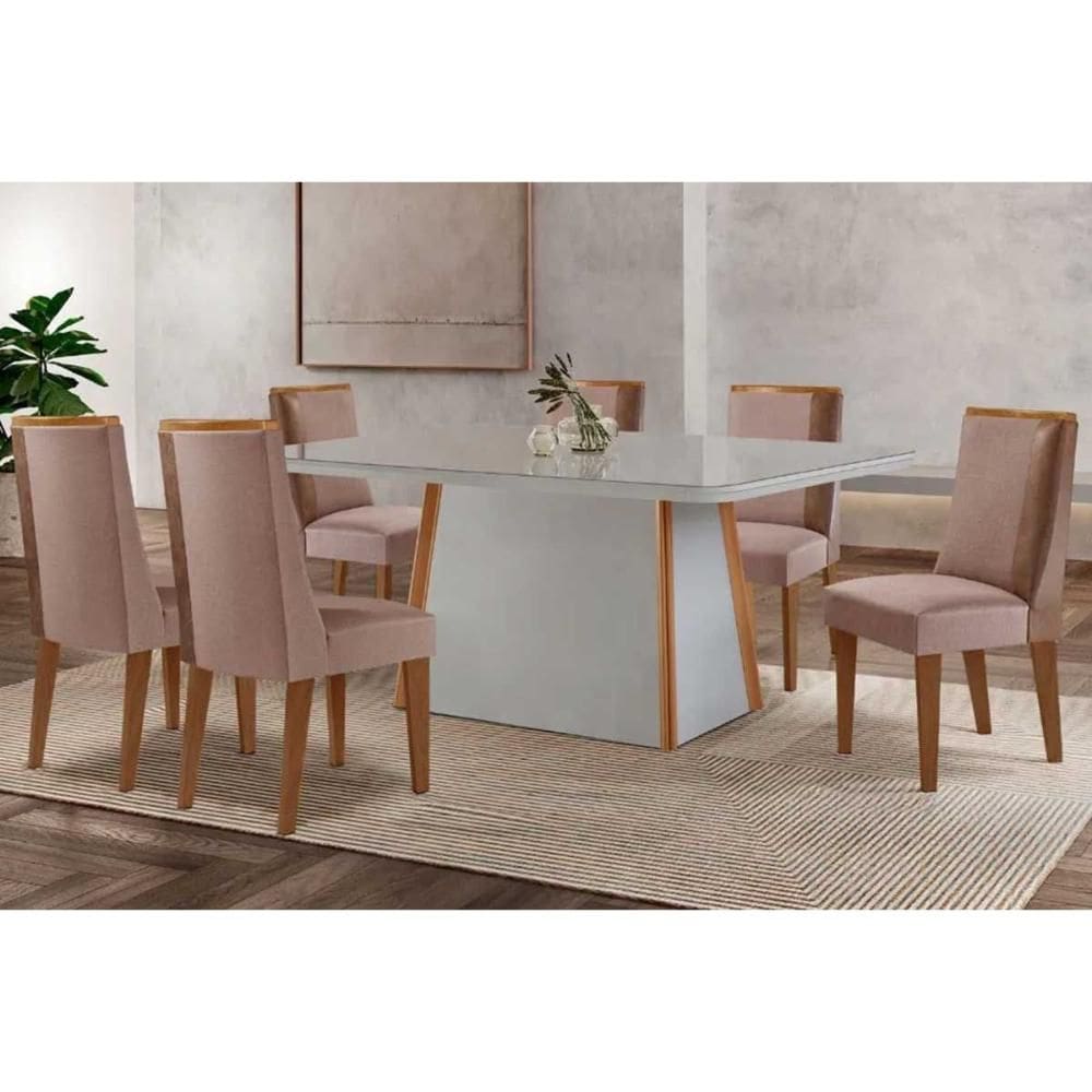 Conjunto Sala de Jantar Tilia c/ Tampo Madeirado c/ Vidro Canto Curvo 180x90cm e 6 Cadeiras Tilia Madeira Maciça Naturale/Off White - Capuccino/Linho
