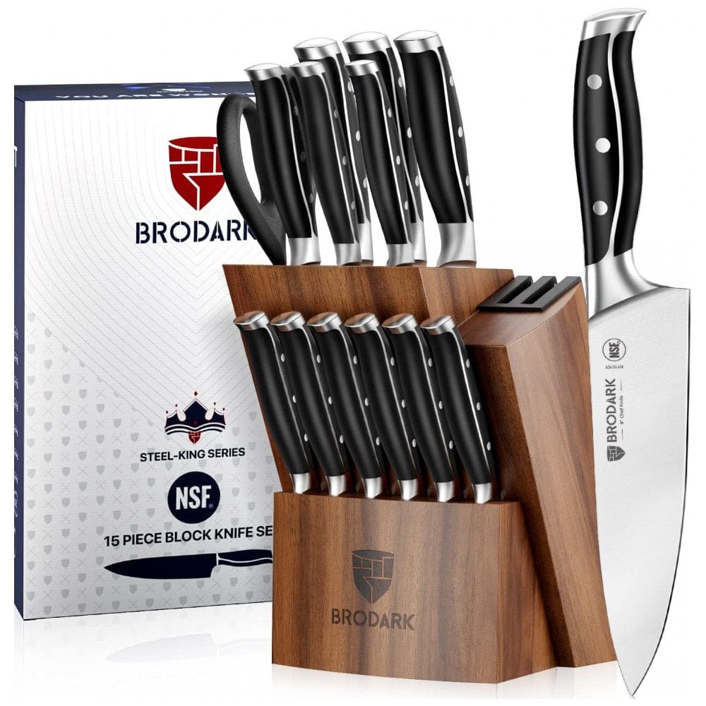 Conjunto de Facas BRODARK em Aço Inoxidável com Bloco de Bancada Multinível, 15 Peças, Preta