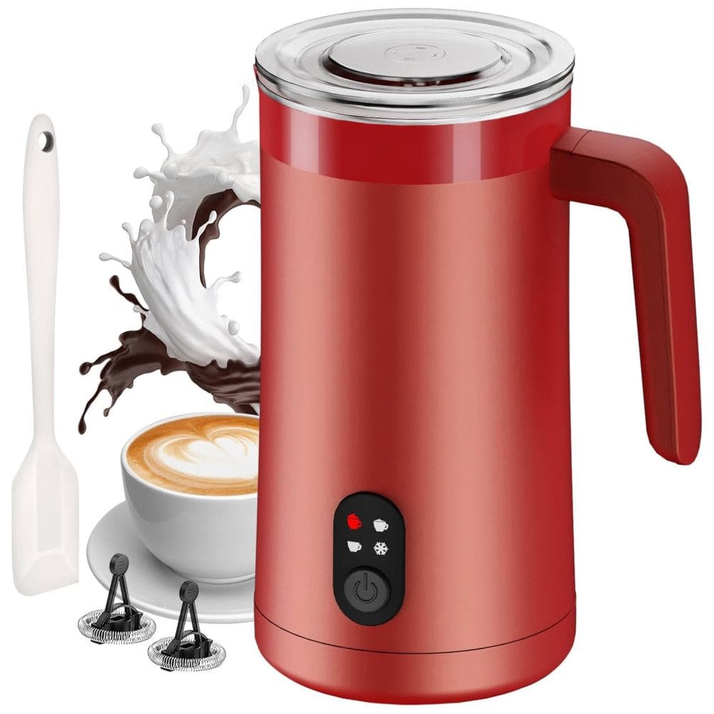 Espumador de Leite Elétrico Ovetedot, 4 em 1, 400ml Vermelha: Crie Espuma Quente e Fria, Aqueça e Esquente Leite Automaticamente!