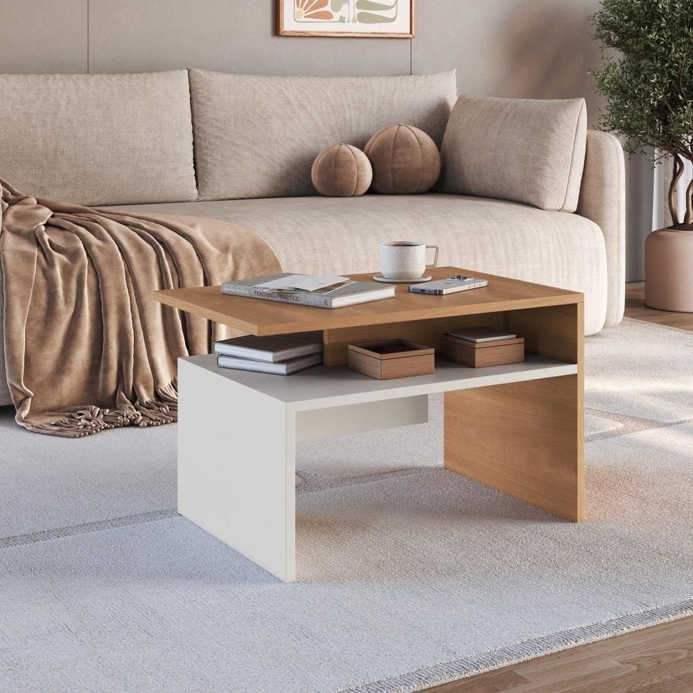 Mesa De Centro Montana Com Duas Prateleiras Abertas Freijó/off White J Carvalho