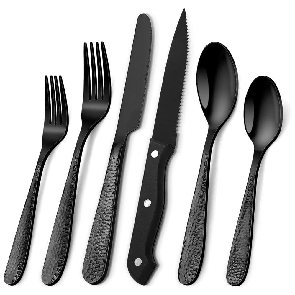 Conjunto de Talheres Pretos Martelados para 8 pessoas, 48 peças de Cutelaria de Alta Resistência, incluindo Facas de Carne,Aswwid