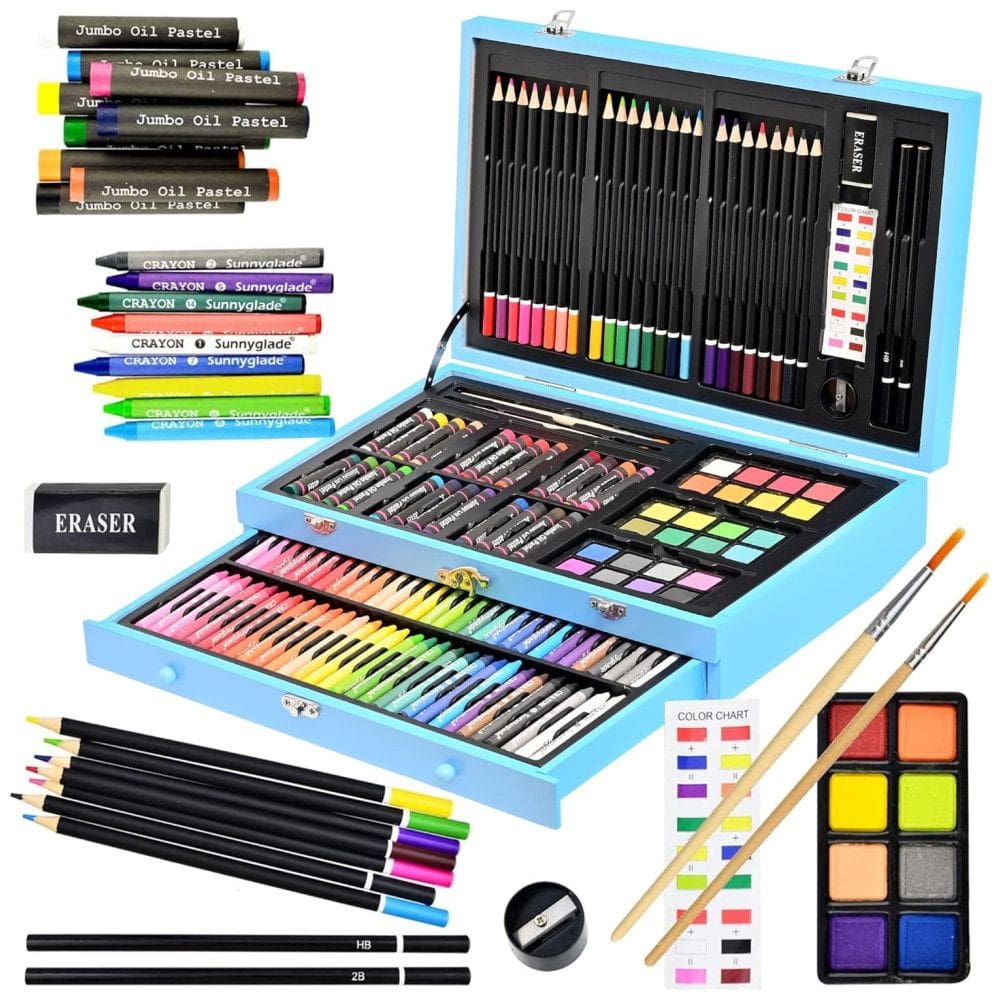 Kit de Pintura Sunnyglade com 145 Peças e Caixa de madeira Portátil, Azul