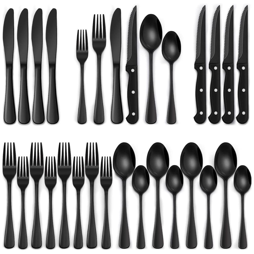 Jogo de Talheres Sofisticado Preto de 24 Peças com Facas de Churrasco - Aço Inox Premium p/ Casa e Restaurante - Design Ergonômico