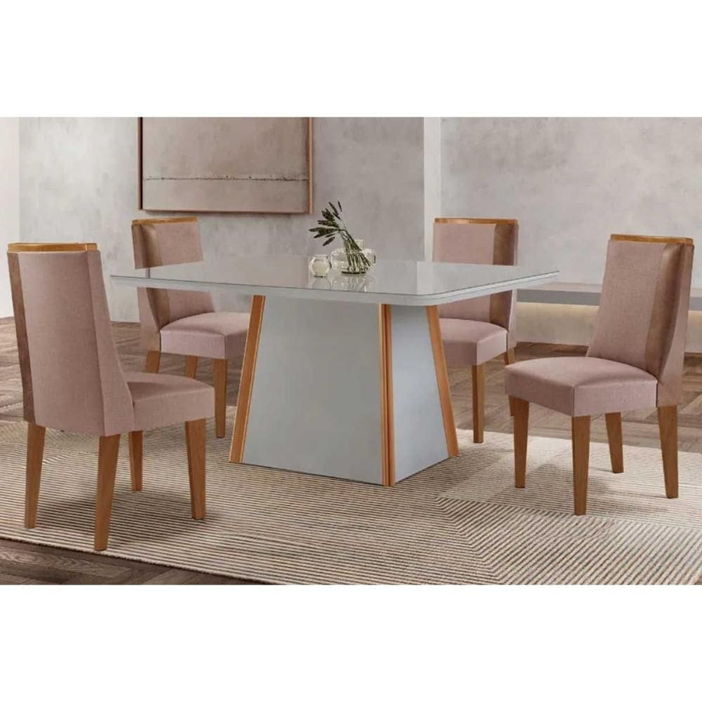 Conjunto Sala de Jantar Tilia c/ Tampo Madeirado c/ Vidro Canto Curvo 120x80cm e 4 Cadeiras Tilia Madeira Maciça Naturale/Off White - Capuccino/Linho