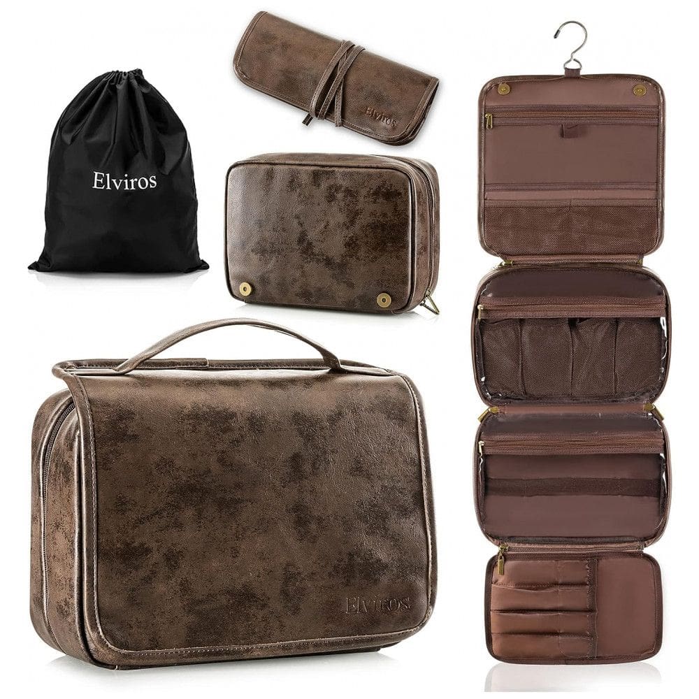 Necessaire Masculina de Couro, 3 em 1, ELVIROS, Marrom